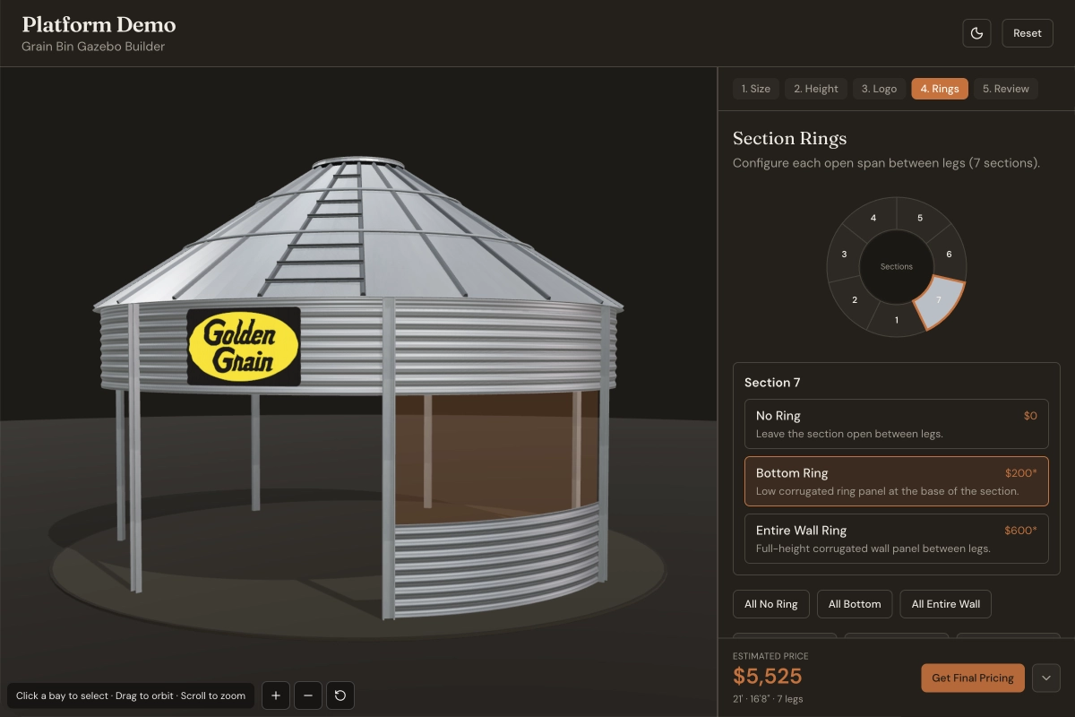 3D Grain Bin Gazebo Builder studio with size, height, logo, and ring configuration