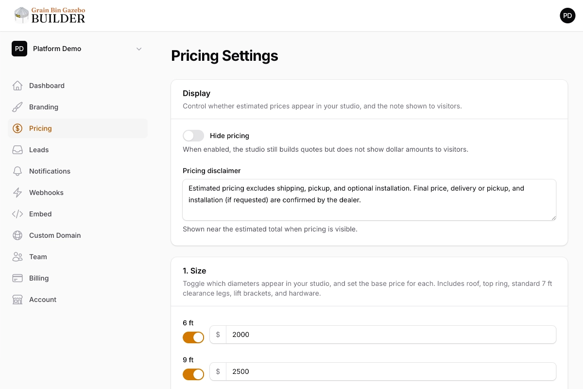 Dealer pricing settings with diameters and hide pricing controls