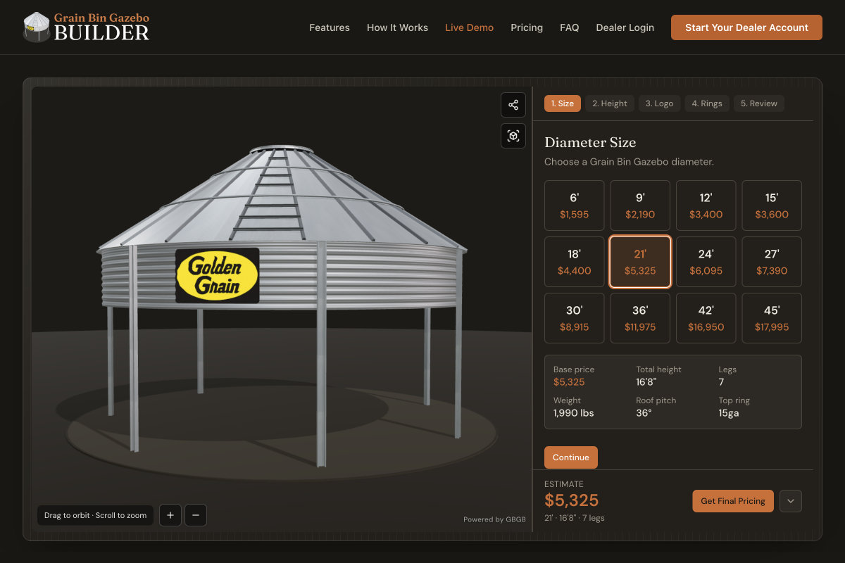 Grain Bin Gazebo Builder embedded on a website