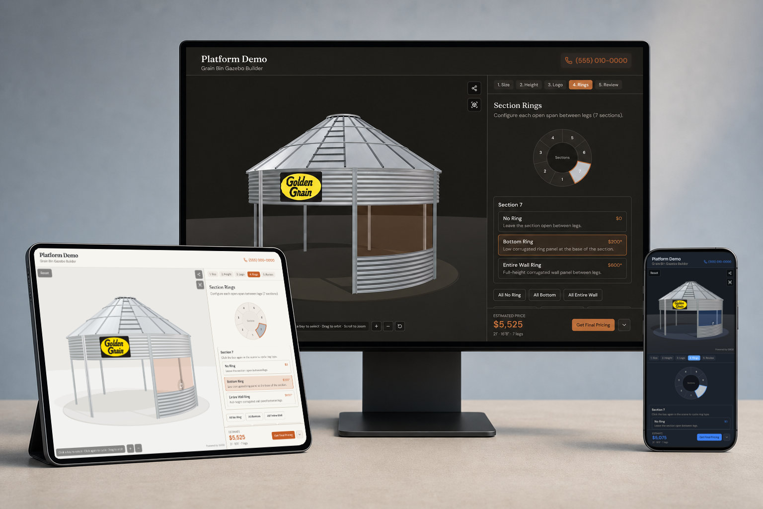 Grain Bin Gazebo Builder studio shown on a desktop monitor, iPad, and iPhone